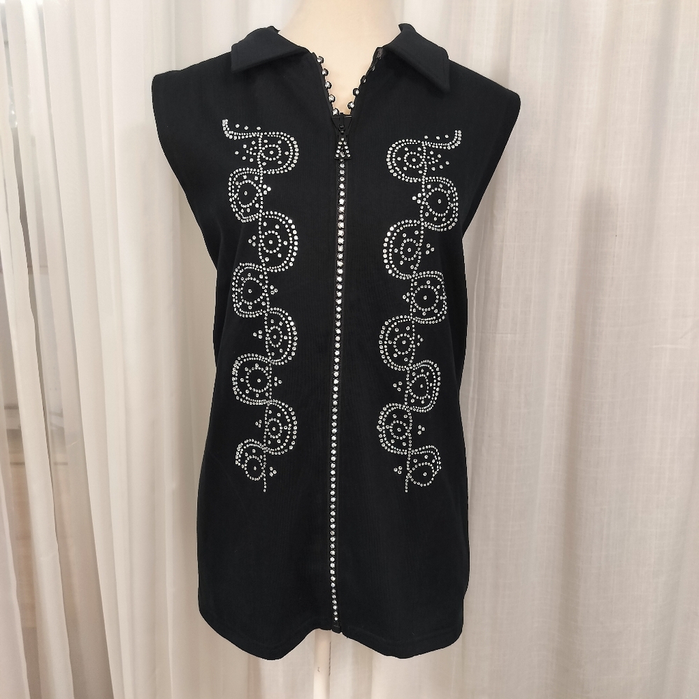 Black Zip Womens Vest Top Rhinestones Plus‎ Size 1X Elevated Western